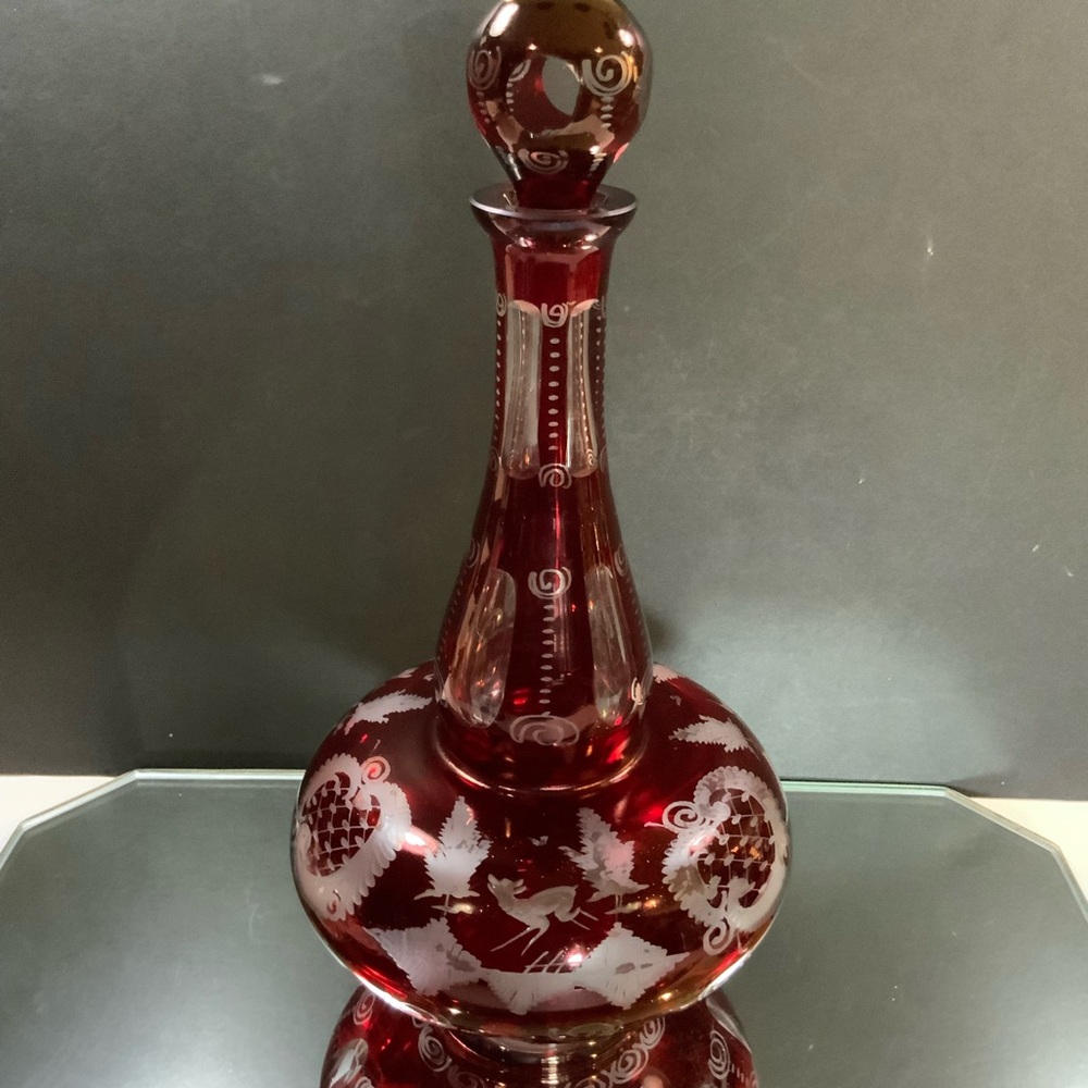 Decanter Wine Liquors Ruby Bohemian Glass Etched Ruby Red 13 1/2 Tall #62